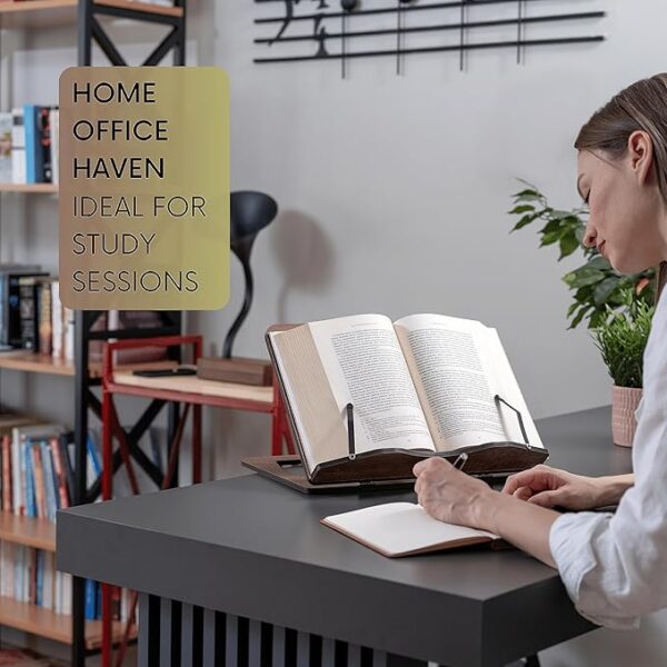 woman using wood book holder stand