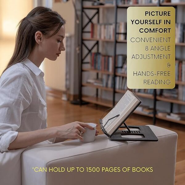 wood book holder stand in use