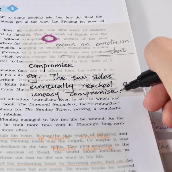 transparent sticky notes with highlighter tape writing on