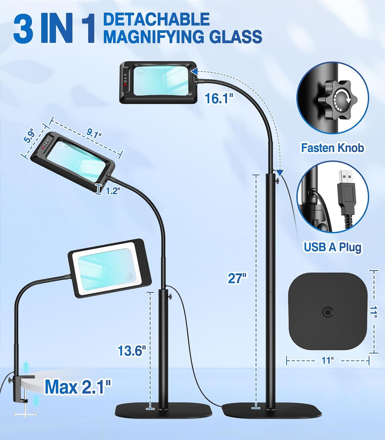 magnifying glass with light and stand measurement