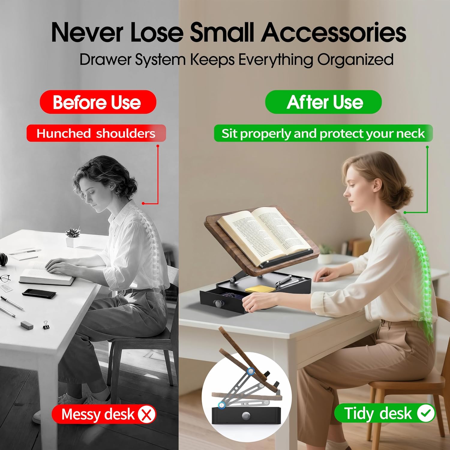 book stand with storage drawer in use