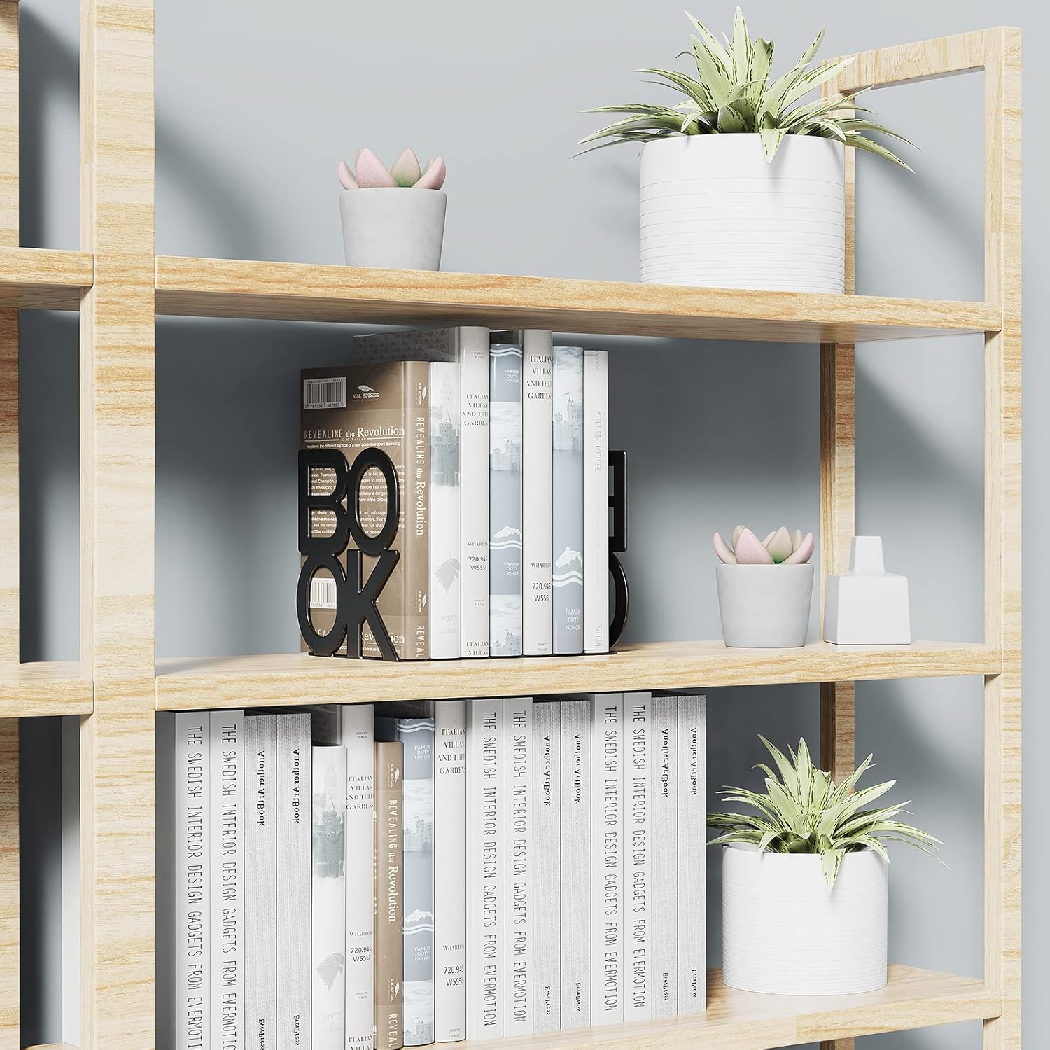 decorative metal book ends in shelf