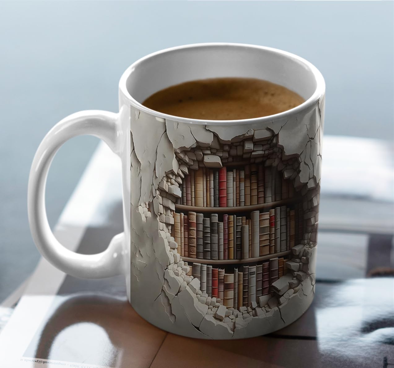 library bookshelf mug design