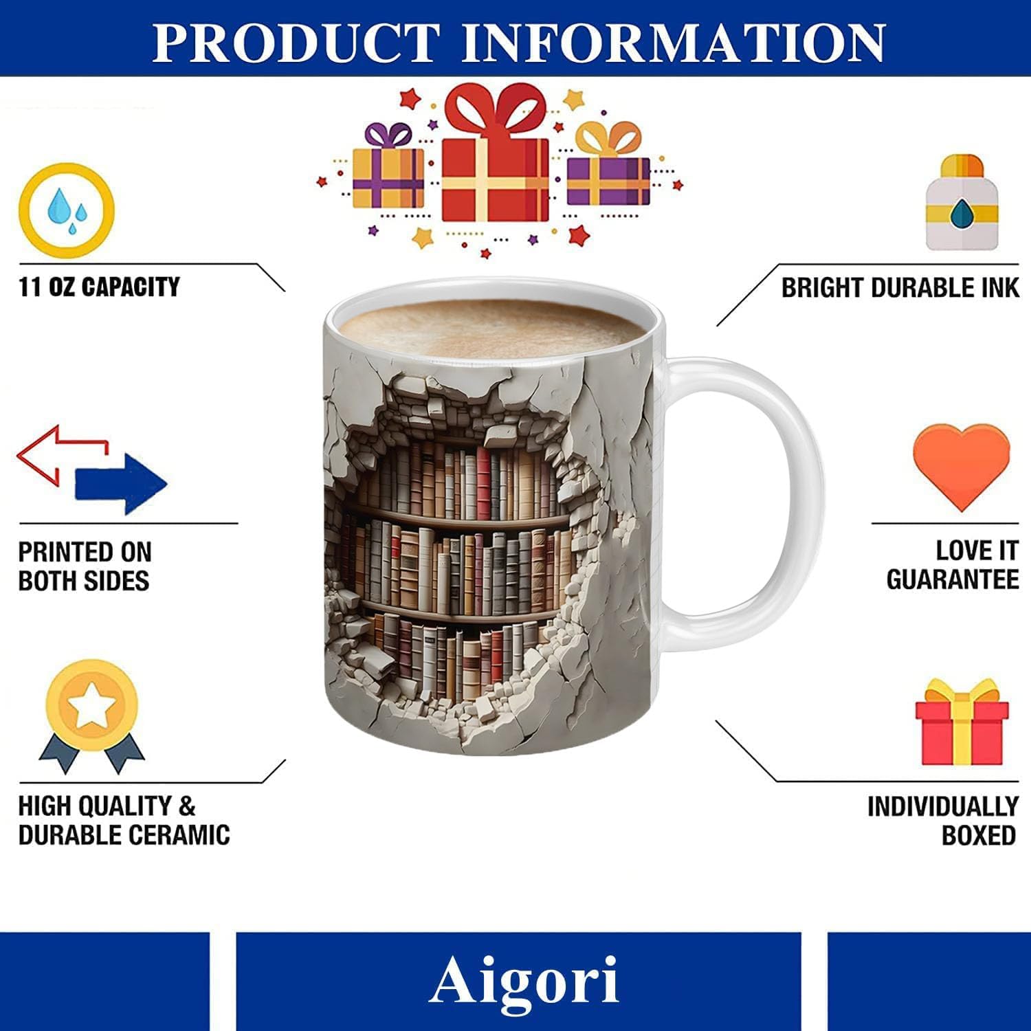 library bookshelf mug information