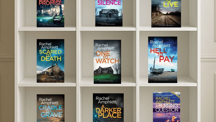 Books by Rachel Amphlett displayed on a white shelf.