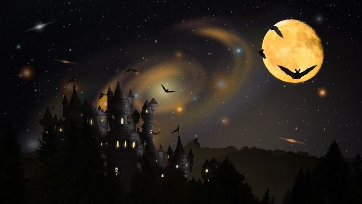 Silhouette of a castle at night with bats and full moon.