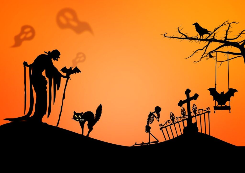 Halloween silhouette scene with ghost, cat, skeleton, and bat.