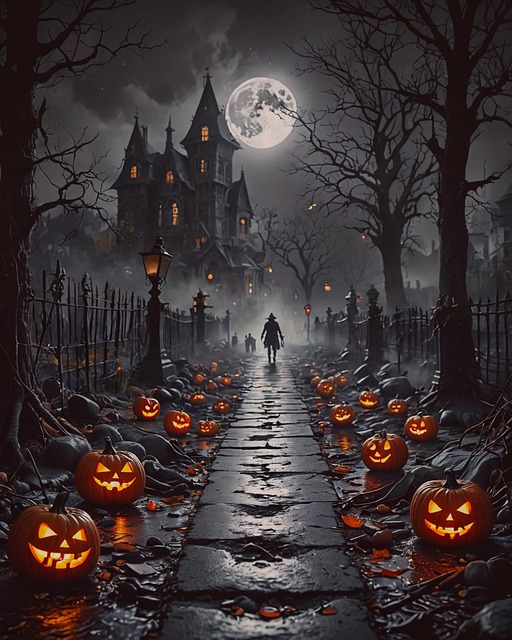 A spooky path lined with glowing pumpkins leads to a haunted house under a full moon.